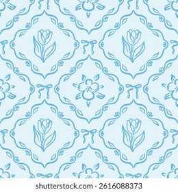 Seamless vector pattern with spring flowers inside decorative frames on blue background. Hand-drawn floral ornament in monochrome color.
