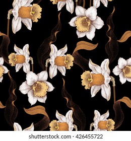 Seamless vector pattern with spring flowers daffodils. Vector illustration of floral ornament on black background. Designs for fabrics, textiles, wallpaper, wrapping paper. Victorian style.