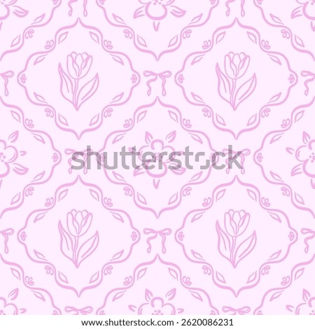 Seamless vector pattern with spring flowers inside decorative frames on pink background. Hand-drawn floral ornament in monochrome color.