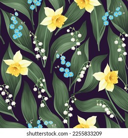 Seamless vector pattern with spring garden flowers
