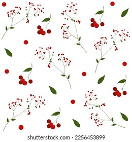 Seamless vector pattern with spring red berries and green leaves on a white background
