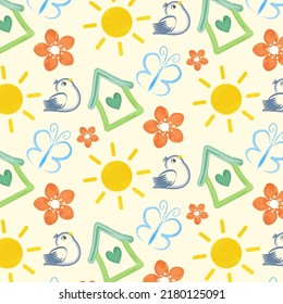 Seamless vector pattern with spring theme elements, bird, butterfly, birdhouse, flowers, sun