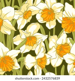 
Seamless vector pattern. Spring, white daffodils with yellow center and green leaves.