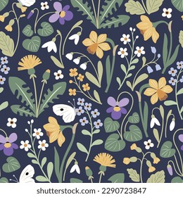 Seamless vector pattern with spring wildflowers and butterflies on dark blue background. Perfect for textile, wallpaper or print design.