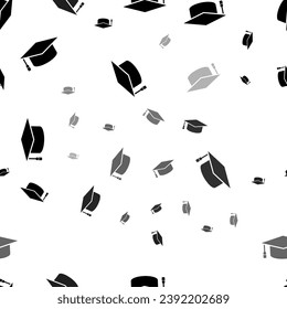 Seamless vector pattern with square academic cap symbols, creating a creative monochrome background with rotated elements. Vector illustration on white background