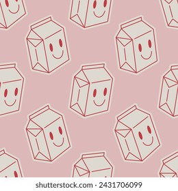 Seamless vector pattern with square cardboard milk pack. Cute background with drink in paper box. Y2k wallpaper, wrapping paper, cover, textile design