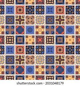 Seamless vector pattern with square mosaic. Tiles with geometric ornament. Patchwork design with ethnic motives. 