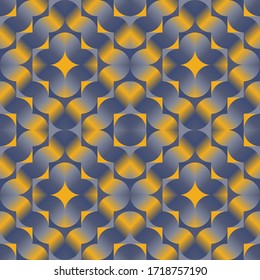 Seamless vector pattern. Square tiled mosaic in shades of blue and yellow. Wavy stripes forming iridescent rhombi shapes. Optical illusion of glow and motion. Perfect design for textile and wrapping.