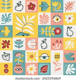 Seamless vector pattern with squares and simple abstract shapes, botanical elements, plants, mushrooms, bright hand drawn background, print for textile, wrapping paper, scrapbook