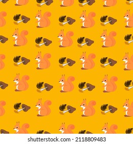 Seamless vector pattern with squirrels with mushrooms, cones, and leaves on a shade of the yellow background.