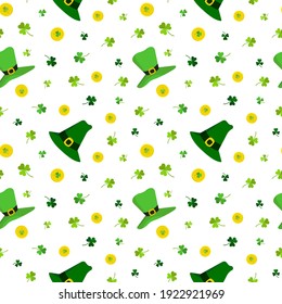 Seamless vector pattern for St. Patrick's Day with clover, gold coins, and green leprechaun hat on a white background, for postcards, gifts, packaging, holiday