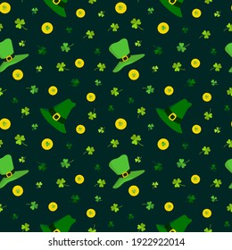 Seamless vector pattern for St. Patrick's Day with clover, gold coins, and green leprechaun hat on a colored background, for postcards, gifts, packaging, holiday