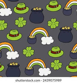 Seamless vector pattern for St. Patrick's Day. Bright green hat, Bag of gold and rainbow for good luck and clover on Dark background.
