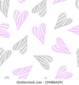 seamless vector pattern for St. Valentine's Day. Soft pink and grey hearts with strips on white background. for girl celebrations and for print wedding invitation. simple hand draw doodle illustraion