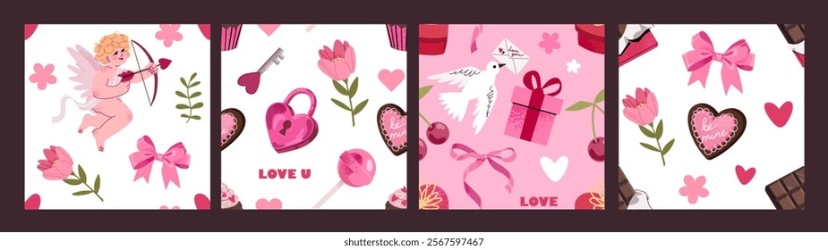 Seamless vector pattern for St. Valentine's Day. Cute hearts, sweets, cupid, gifts. Trendy print.  Design for wrapping paper, packaging, background, fabric, textile, home decor