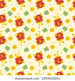 Seamless vector pattern with stacks of green paper money and gold cents coins on yellow background.