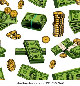 Seamless vector pattern of stacks of paper money and coins on a white background.