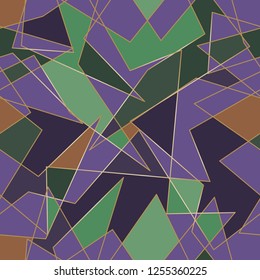 
Seamless vector pattern with stained glass imitation. Geometric shapes and a golden broken line