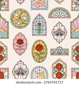 Seamless vector pattern with stained-glass cathedral windows. Abstract mediaeval borders with floral ornaments. Vintage geometric frames on background