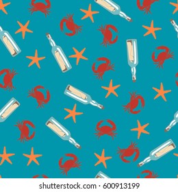 Seamless vector pattern with starfish, crab and message in a bottle. Perfect for wrapping paper, wallpaper, repeating elements, vintage design, notebook cover, fabric clothes design.