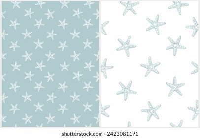 Seamless Vector Pattern with Starfish Isolated on a White and Pastel Blue Background. Sealife Theme Endless Prints ideal for Wrapping Paper, Fabric, Textile. 