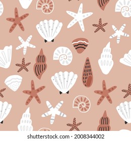 Seamless vector pattern with starfish and shells. Cute texture for fabric, wrapping, textile, wallpaper, apparel.  Vector illustration.