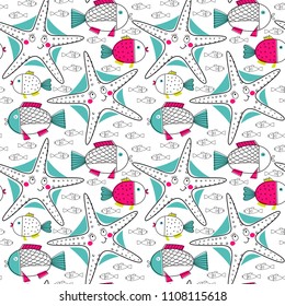 Seamless vector pattern with starfishes and fishes for typography poster, card, label, brochure, flyer, page, banner design. Vector illustration background. Pink, blue and green.