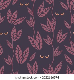 Seamless vector pattern with staring eye forest on purple background. Night animal wallpaper design. Decorative simple night jungle fashion textile.