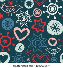 Seamless vector pattern with stars, birds, snowflakes in folk style.