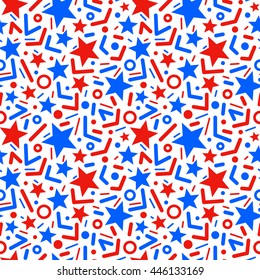 Seamless vector pattern with stars and chopsticks on white background. Red and blue stars.