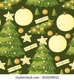 Seamless vector pattern with stars, Christmas tree decorations. Pattern hand draw style
