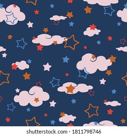 Seamless vector pattern with stars and clouds on blue background. Simple nursery wallpaper design. Children fashion textile.