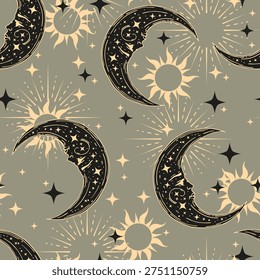 Seamless vector pattern with stars, crescent. Boho pattern for astrology, textiles, wrapping paper, design.