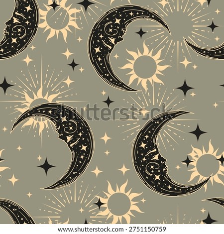 Seamless vector pattern with stars, crescent. Boho pattern for astrology, textiles, wrapping paper, design.