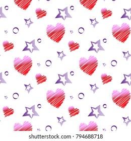 Seamless vector pattern with stars and hearts on a white background.