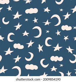 Seamless vector pattern with stars, moon and clouds. For children's design, textiles, printing, packaging, clothing, pajamas. Simple minimal boho style