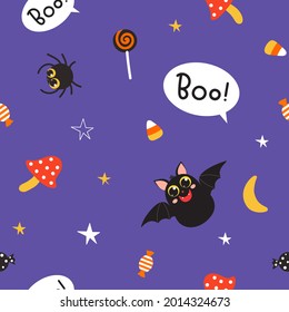 Seamless vector pattern with stars, mushrooms, candies, funny bats, and speech bubbles. Vector Halloween texture on a purple background. Design for wallpaper, wrapping, banners, printed materials.