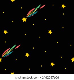 Seamless vector pattern with stars on black background. Simple night sky wallpaper design with falling star. Cute galaxy fashion textile.