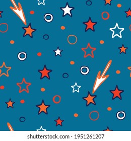 Nahtlose Vektorgrafik mit Sternen auf blauem Hintergrund. Einfaches Design für Babydusche. Shooting Star Mode Textilien.