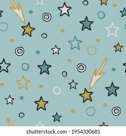 Seamless vector pattern with stars on light blue background. Simple bedroom wallpaper design for children. Decorative baby shower fashion textile.