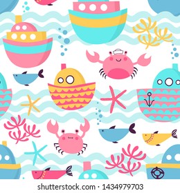 Seamless vector pattern with steamboats, crabs, fishes and sea star. Summer sea background for kids theme.