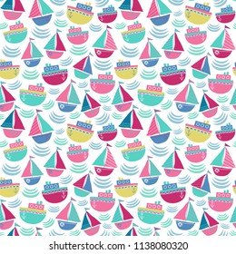 Seamless vector pattern with steamboats and sailboats. Great for fabric, backgrounds, baby clothes.