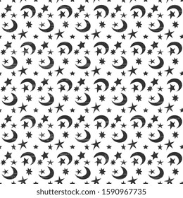 Seamless vector pattern with steel stars and moon on a white background, for hoop, surface, packaging, postcards. Simple illustration, handmade, textured.