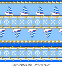 Seamless vector pattern with steering wheel and yacht. Marine pattern. Sea template for fabric, label design, T-shirt printing, nursery wallpaper fruit background. Vector illustration.