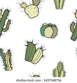 Seamless vector pattern of stickers with different cacti.