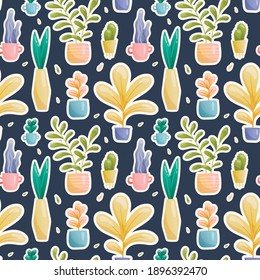 Seamless vector pattern of stickers of domestic fairy fantastic plants in pots and vases of various unusual shapes and bright colors with reflection. Large and small leaves painted in gradient, cacti.