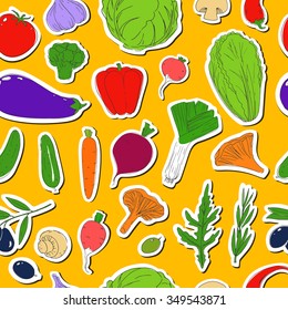 Seamless vector pattern. Stickers. Healthy vegetarian food. Vegetables and herbs. Hand drawn vector background.