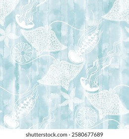 Seamless vector pattern with stingrays, jellyfish, starfish and sea urchins on blue watercolor background. Sea stylish background.  Perfect for wallpaper, wrapping, fabric, print and textile. 