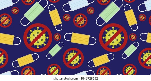 Seamless vector pattern of stop virus sign and colored medical face masks isolated on blue background. illustration for pharmaceutical industry. Vector illustration EPS10.
