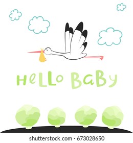 seamless vector pattern with stork, carrying baby